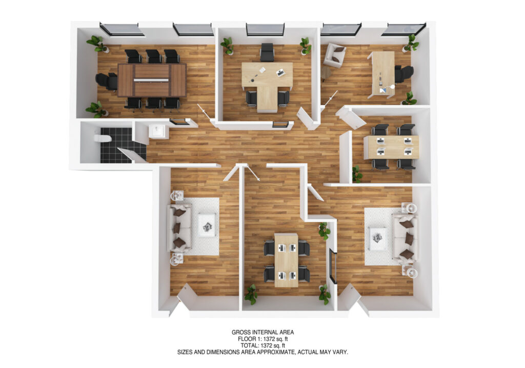 Virtually staged bird’s eye rendering of entire Suite layout. Private offices and conference rooms connected by one hallway.