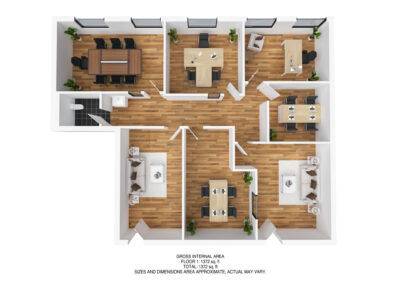 Virtually staged bird’s eye rendering of entire Suite layout. Private offices and conference rooms connected by one hallway.