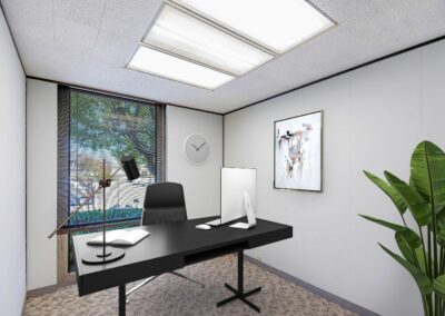 Virtually staged private office with one floor-to-ceiling window in Suite.