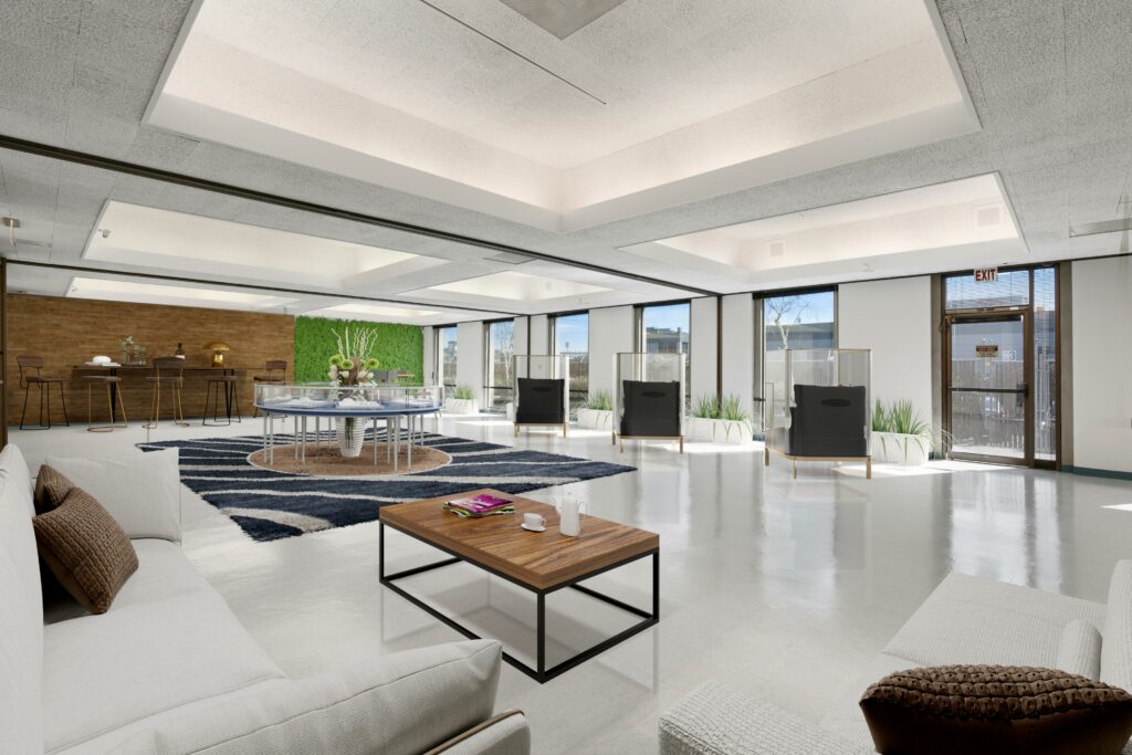 A virtually staged photo of the main open space of suite 1000.A virtually staged photo of the main open space of Suite #1000. Six floor-to-ceiling windows line the right wall.