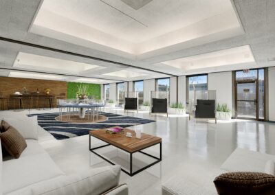 A virtually staged photo of the main open space of suite 1000.A virtually staged photo of the main open space of Suite #1000. Six floor-to-ceiling windows line the right wall.