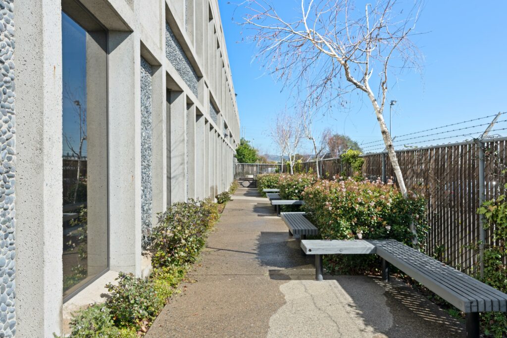 Outdoor courtyard with large benches and greenery, alongside wall of floor-to-ceiling windows.