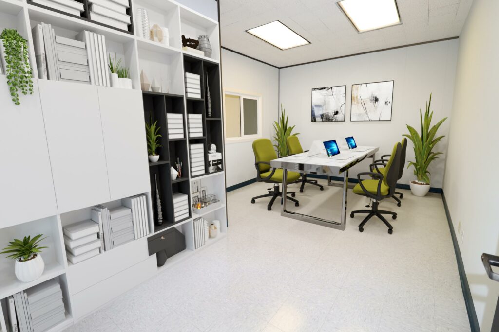 Virtually staged shared office, with large wall of shelving in Suite.