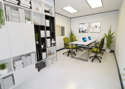 Virtually staged shared office, with large wall of shelving in Suite.