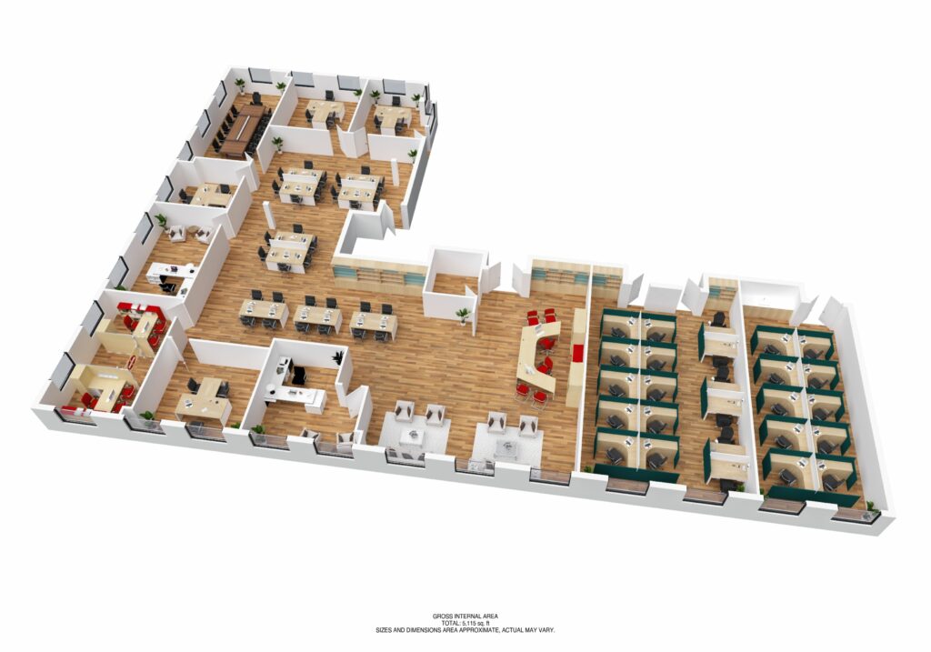 Virtually staged bird’s eye rendering of entire Suite layout. Large open bullpen area surrounded by private and shared offices.