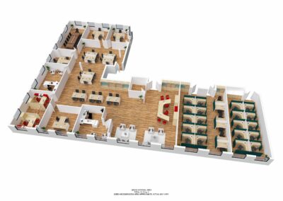 Virtually staged bird’s eye rendering of entire Suite layout. Large open bullpen area surrounded by private and shared offices.