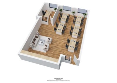 Virtually staged bird’s eye rendering of entire Suite layout. Large open bullpen area, 1 private office and waiting area.